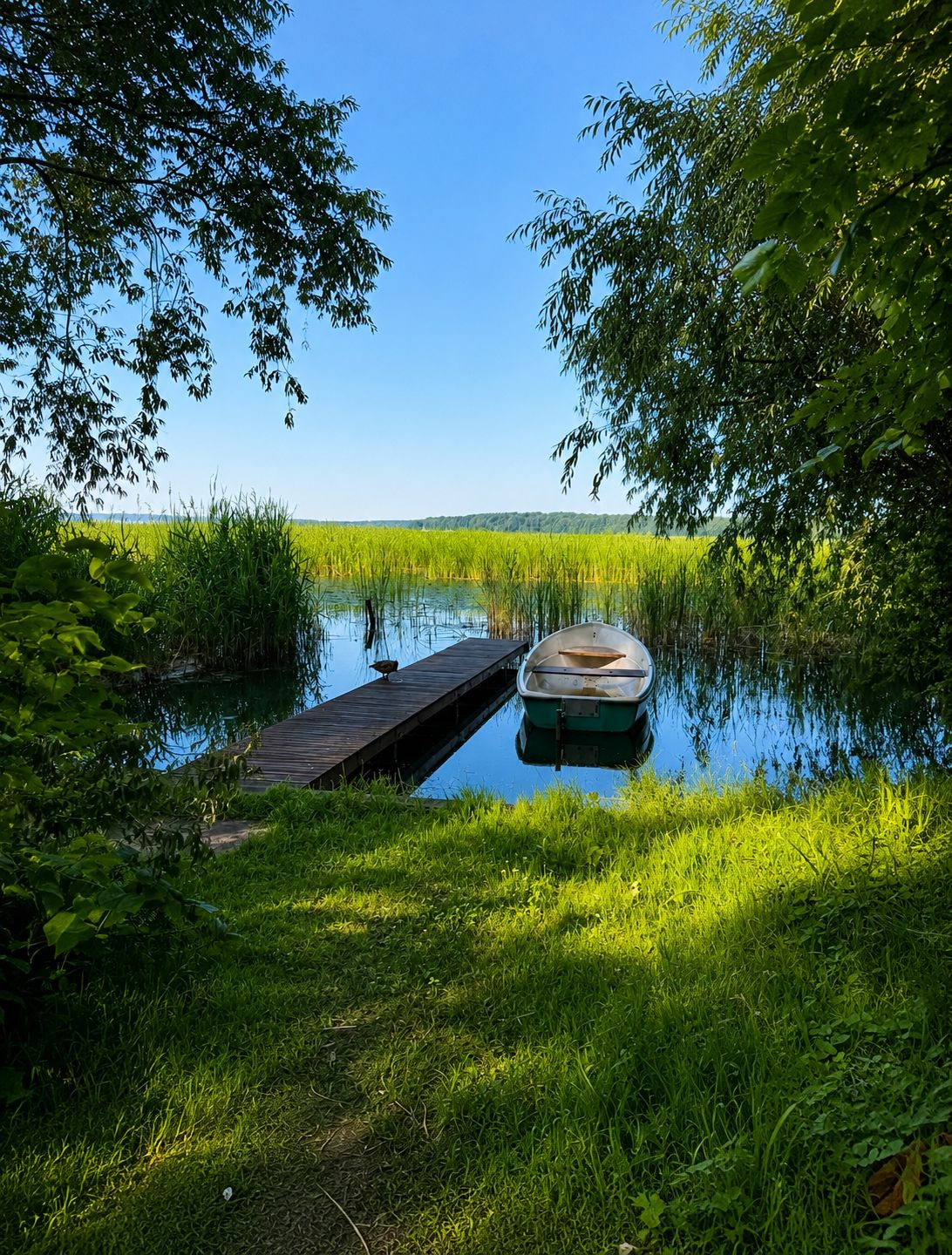 Ruderboot am Steg im Schilf am Scharmützelsee beim Ferienhof am Trift
